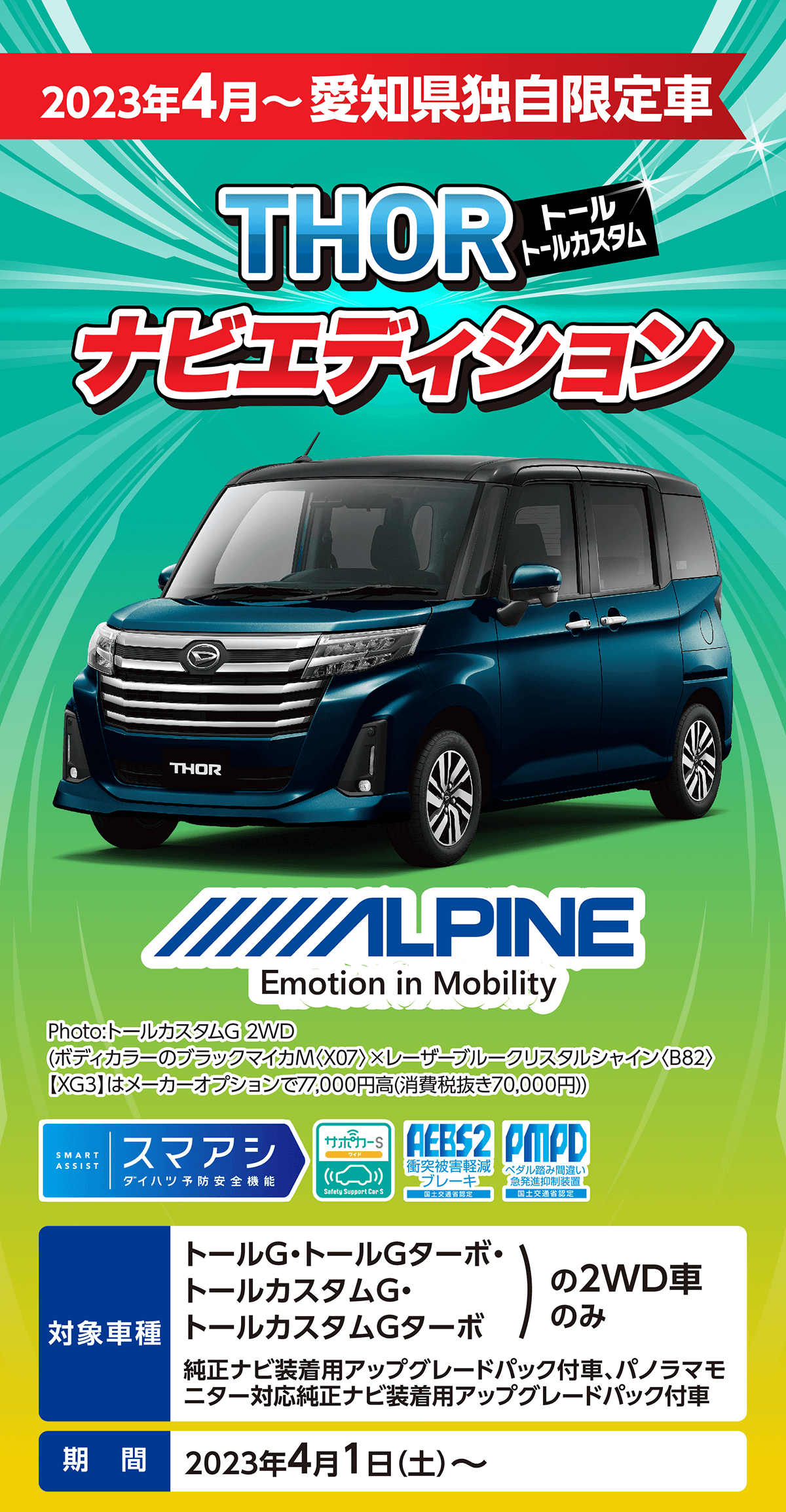 2023年4月~ 愛知県独自限定車THORトールトールカスタムナビエディション 対象車種トールG・トールGターボ・トールカスタムG・トールカスタムGターボ の2WD車のみ純正ナビ装着用アップグレードパック付車、パノラマモ ニター対応純正ナビ装着用アップグレードパック付車期間 2023年4月1日 (土) ~