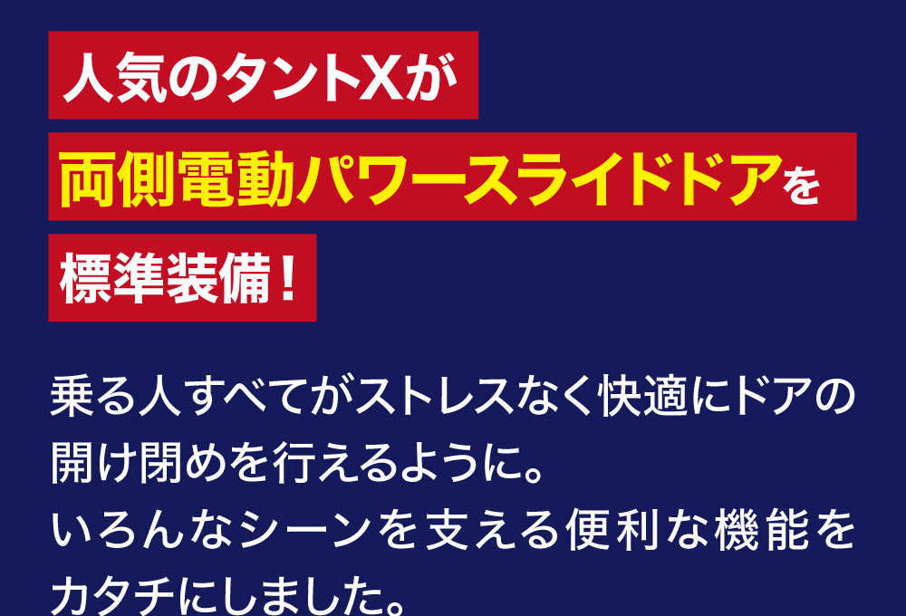 人気のタントXが両側電動パワースライドドアを標準装備!乗る人すべてがストレスなく快適にドアの開け閉めを行えるように。いろんなシーンを支える便利な機能を カタチにしました。