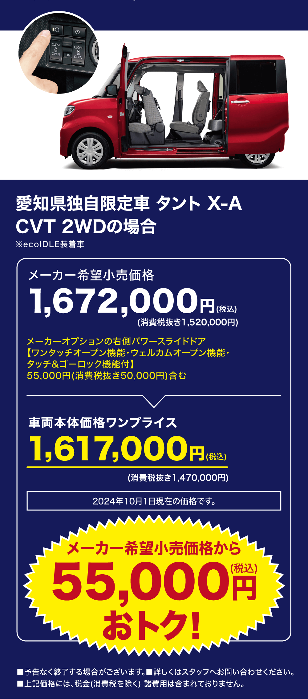 愛知県独自限定車 タント X-ACVT 2WDの場合※ecoIDLE装着車メーカー希望小売価格1,672,000円(税込)(消費税抜き1,520,000円)メーカーオプションの右側パワースライドドア【ワンタッチオープン機能・ウェルカムオープン機能・タッチ&ゴーロック機能付】55,000円 (消費税抜き50,000円)含む車両本体価格ワンプライス1,617,000円(税込)(消費税抜き1,470,000円)2024年10月1日現在の価格です。メーカー希望小売価格から55,000円おトク!■予告なく終了する場合がございます。 ■詳しくはスタッフへお問い合わせください。「上記価格には、税金(消費税を除く) 諸費用は含まれておりません。