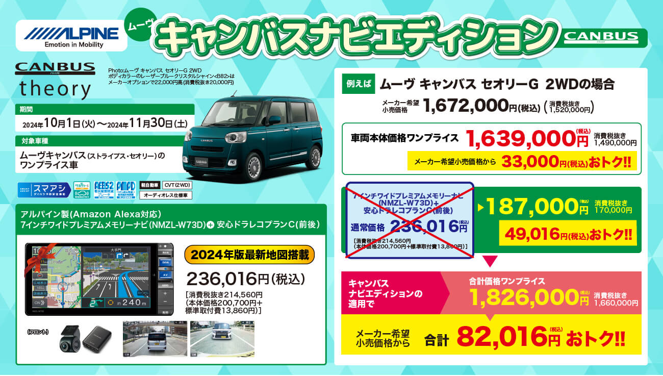 アルパイン キャンバスナビエディション 期間2024年10月1日(火)~11月30日 (土) 　対象車種 ムーヴキャンバス (ストライプス・セオリー)の ワンプライス車 