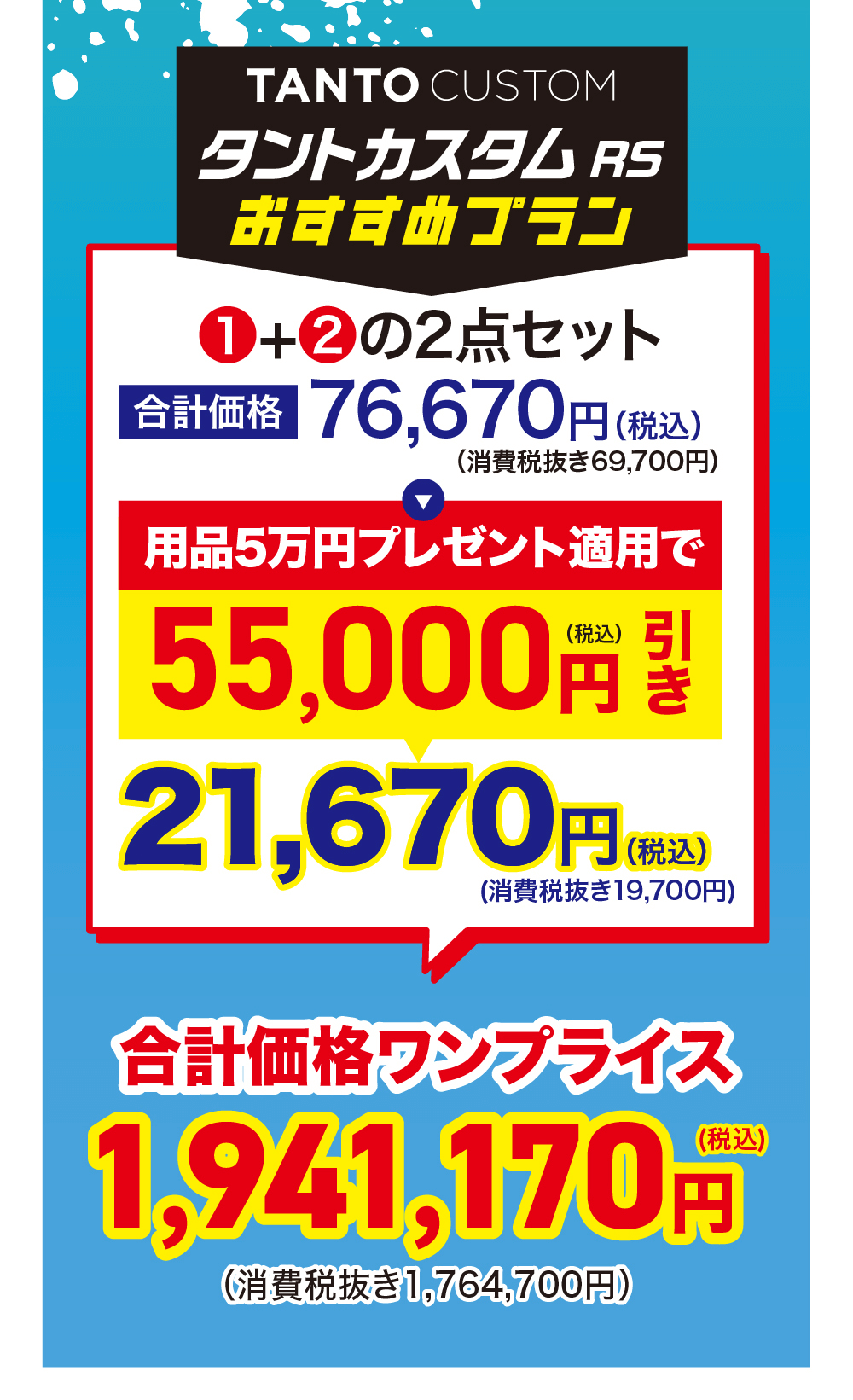 TANTO CUSTOMタントカスタム RSおすすめプラン1+2の2点セット合計価格 76,670円 (税込)(消費税抜き69,700円)用品5万円プレゼント適用で55,000円 税21,670円円 (税込)(消費税抜き19,700円)合計価格ワンプライス1,941,170円(消費税抜き1,764,700円)(税込)