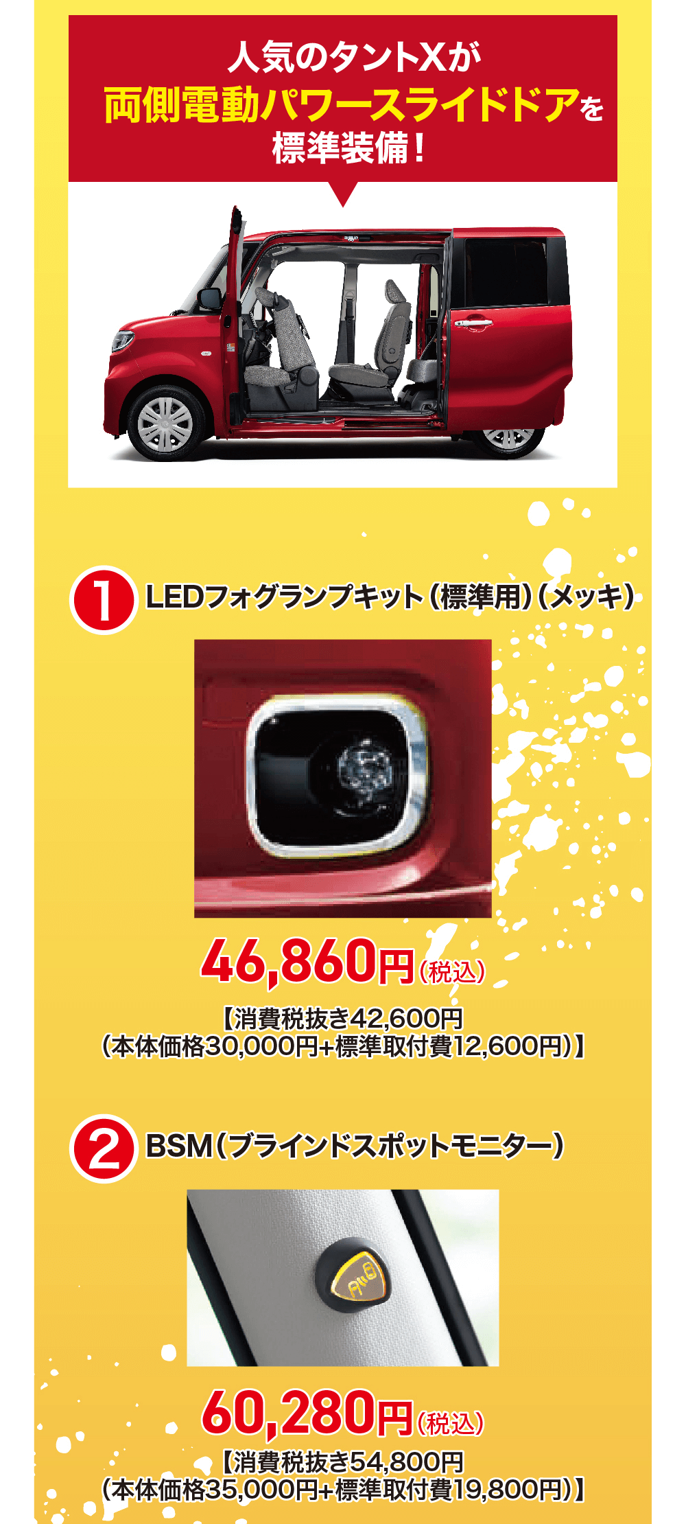 人気のタントXが両側電動パワースライドドアを標準装備!1 LEDフォグランプキット (標準用)(メッキ)43,164円 (税込)【消費税抜き39,240円(本体価格30,000円+標準取付費 9,240円)】2 BSM(ブラインドスポットモニター)Au54,472円 (税込)【消費税抜き49,520円(本体価格 35,000円+標準取付費14,520円)】