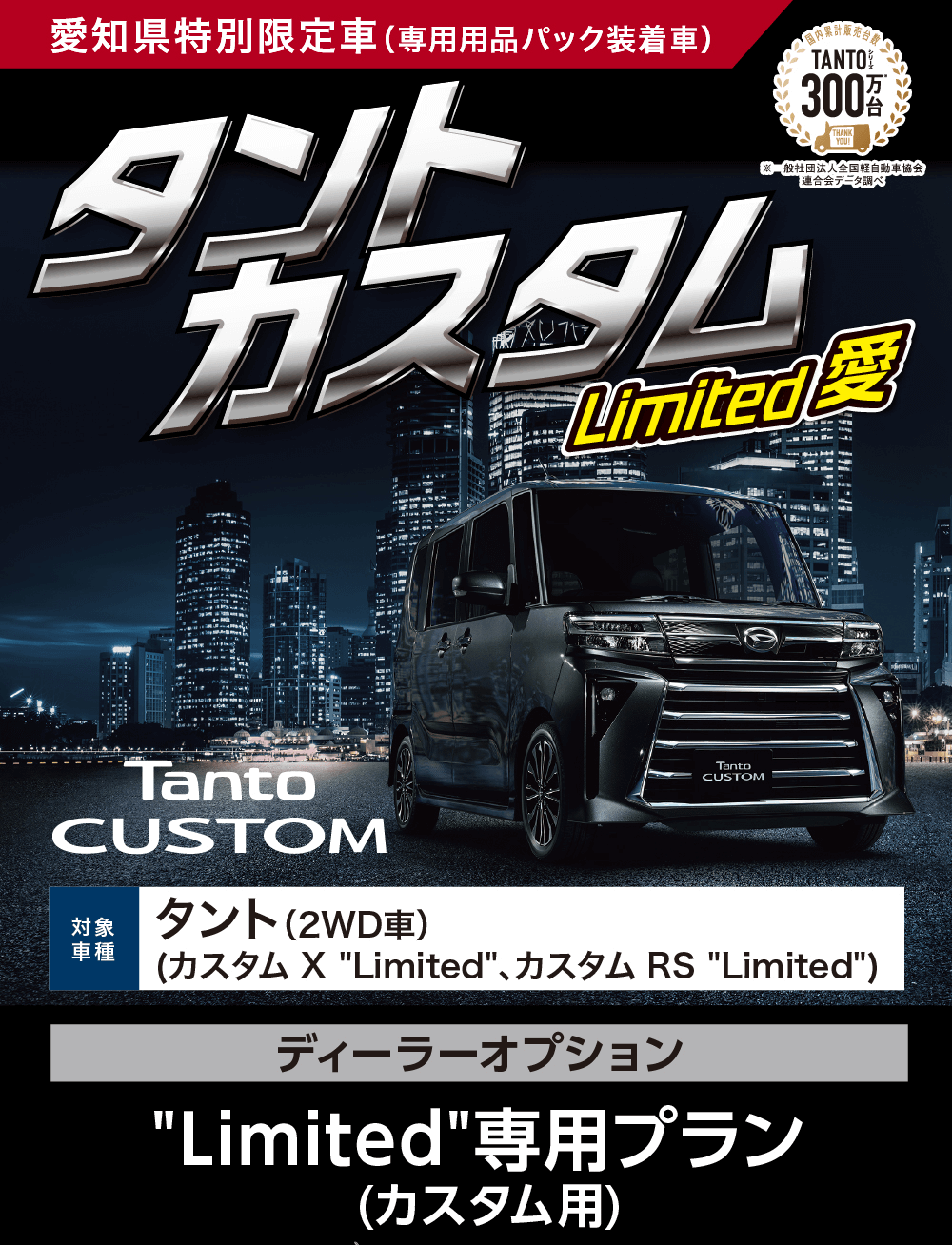 愛知県特別限定車 (専用用品パック装着車)タントTANTOO300THANKYOU!【※一般社団法人全国軽自動車協会 連合会データ調べカスタムLimitedTantoCUSTOM対象 タント (2WD車)TantoCUSTOM車種 (カスタム X Limited、 カスタム RS Limited)ディーラーオプションLimited専用プラン(カスタム用)