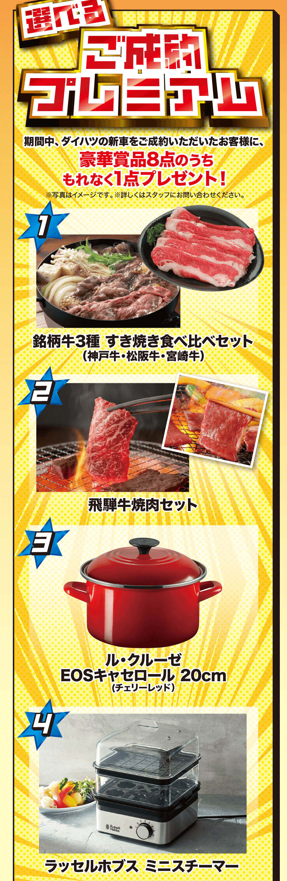 選べるご成約プレミアム企画。ダイハツ新車ご成約で豪華賞品8点の中から1点プレゼント。銘柄牛3種すき焼き食べ比べセット、飛騨牛焼肉セット、ル・クルーゼEOSキャセロール20cm、ラッセルホブス ミニスチーマーなど。