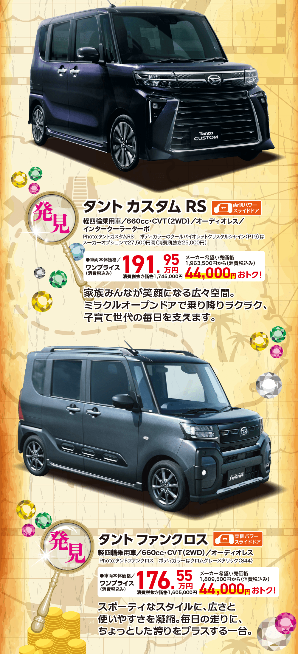 発見 タントカスタムRS 両側パワースライドドア、軽四輪乗用車／660cc・CVT(2WD)／オーディオレス／インタークーラーターボ、ワンプライス(消費税込み)191.95万円 消費税抜き価格1,745,000円、メーカー希望小売価格1,963,500円から(消費税込み)44,000円おトク！ 家族みんなが笑顔になる広々空間。ミラクルオープンドアで乗り降りラクラク、子育て世代の毎日を支えます。 発見 タントファンクロス 両側パワースライドドア、軽四輪乗用車／660cc・CVT(2WD)／オーディオレス、ワンプライス(消費税込み)176.55万円 消費税抜き価格1,605,000円、メーカー希望小売価格1,809,500円から(消費税込み)44,000円おトク！ スポーティなスタイルに、広さと使いやすさを凝縮。毎日の走りに、ちょっとした誇りをプラスする一台。
