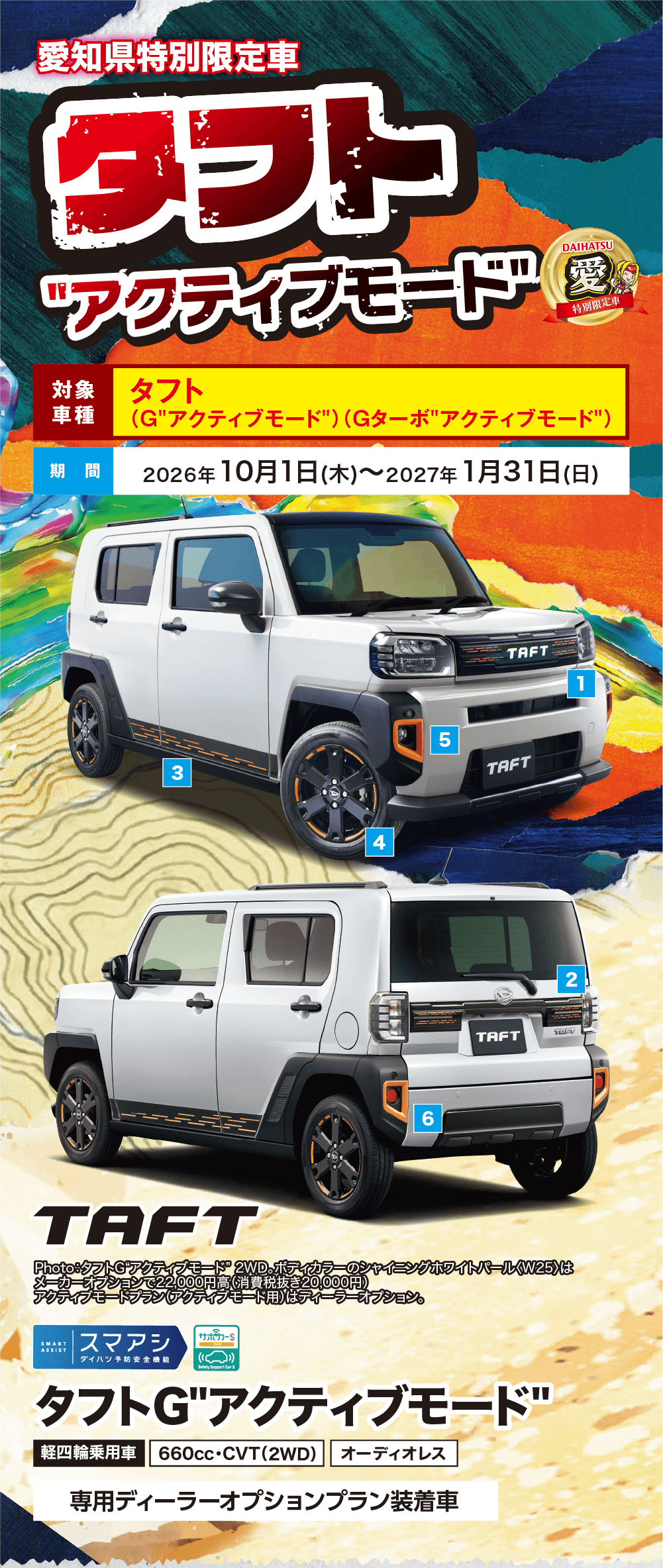 愛知県特別限定車、タフト"アクティブモード"、DAIHATSU 愛 特別限定車、対象車種 タフト（G"アクティブモード"）（Gターボ"アクティブモード"）、期間 2026年10月1日(木)〜2027年1月31日(日)、Photo:タフトG"アクティブモード" 2WD。ボディカラーのシャイニングホワイトパール〈W25〉はメーカーオプション〈22,000円高(消費税抜き20,000円)〉。アクティブモードプラン(アクティブモード用)はディーラーオプション。、スマアシ ダイハツ予防安全機能、サポカーS ワイド、軽四輪乗用車、タフトG"アクティブモード"、660cc・CVT(2WD)、オーディオレス、専用ディーラーオプションプラン装着車
