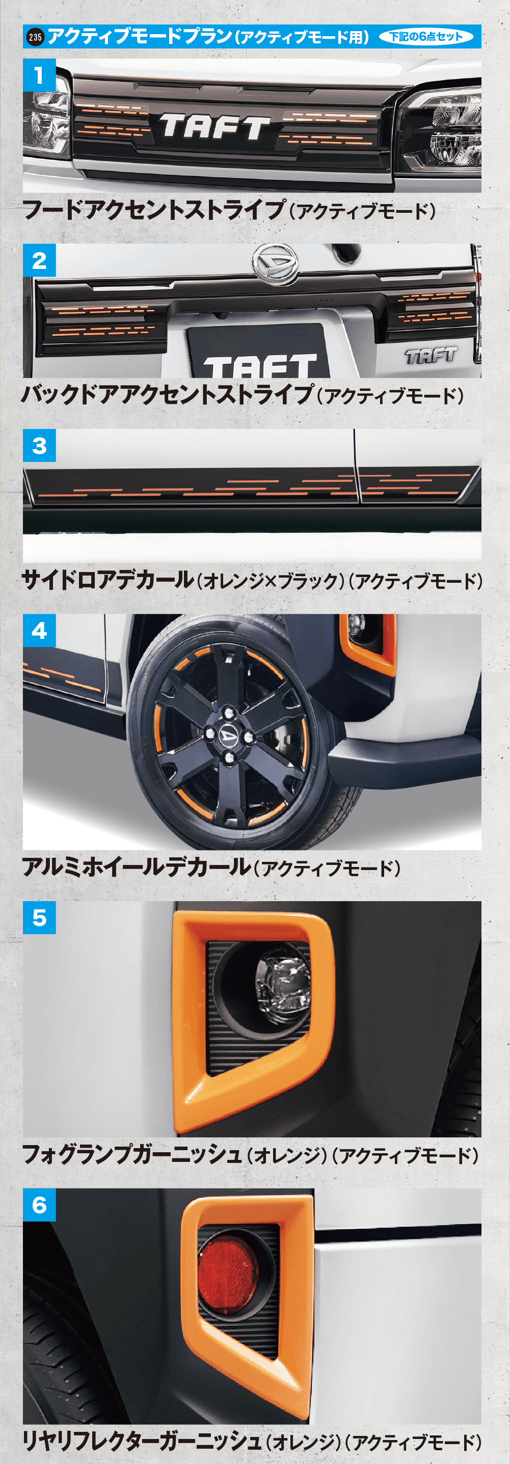 235 アクティブモードプラン（アクティブモード用）下記の6点セット、1 フードアクセントストライプ（アクティブモード）、2 バックドアアクセントストライプ（アクティブモード）、3 サイドロアデカール（オレンジ×ブラック）（アクティブモード）、4 アルミホイールデカール（アクティブモード）、5 フォグランプガーニッシュ（オレンジ）（アクティブモード）、6 リヤリフレクターガーニッシュ（オレンジ）（アクティブモード）