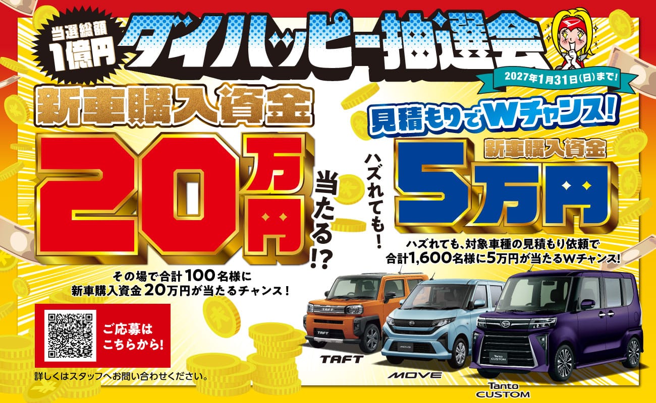 当選総額1億円、ダイハッピー抽選会、2027年1月31日(日)まで!、新車購入資金20万円、当たる!?、その場で合計100名様に新車購入資金20万円が当たるチャンス!、見積もりでWチャンス!、ハズレても!、新車購入資金5万円、ハズレても、対象車種の見積もり依頼で合計1,600名様に5万円が当たるWチャンス!、TAFT、MOVE、Tanto CUSTOM、ご応募はこちらから!、詳しくはスタッフへお問い合わせください。
