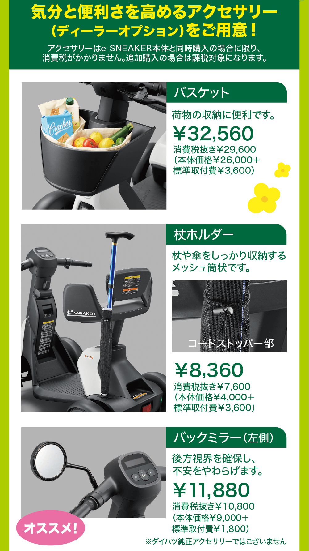 アクセサリーはe-SNEAKER本体と同時購入の場合に限り、 消費税がかかりません。 追加購入の場合は課税対象になります。Crackerバスケット荷物の収納に便利です。¥32,560消費税抜き¥29,600(本体価格¥26,000+標準取付費¥3,600)オススメ!eSNEAKERDAIHATSUBAKER杖ホルダー杖や傘をしっかり収納するメッシュ筒状です。コードストッパー部¥8,360消費税抜き¥7,600(本体価格¥4,000+標準取付費¥3,600)バックミラー (左側)後方視界を確保し、不安をやわらげます。¥11,880消費税抜き¥10,800(本体価格¥9,000+標準取付費¥1,800)※ダイハツ純正アクセサリーではございません