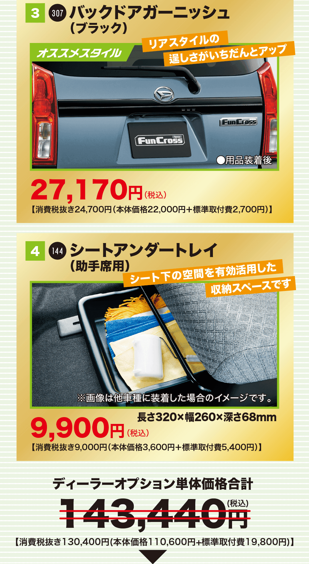 3 バックドアガーニッシュ（ブラック）オススメスタイル リアスタイルの逞しさがいちだんとアップ 27,170円（税込）、4 シートアンダートレイ（助手席用）シート下の空間を有効活用した収納スペースです 9,900円（税込）長さ320×幅260×深さ68mm、ディーラーオプション単体価格合計 143,440円（税込）