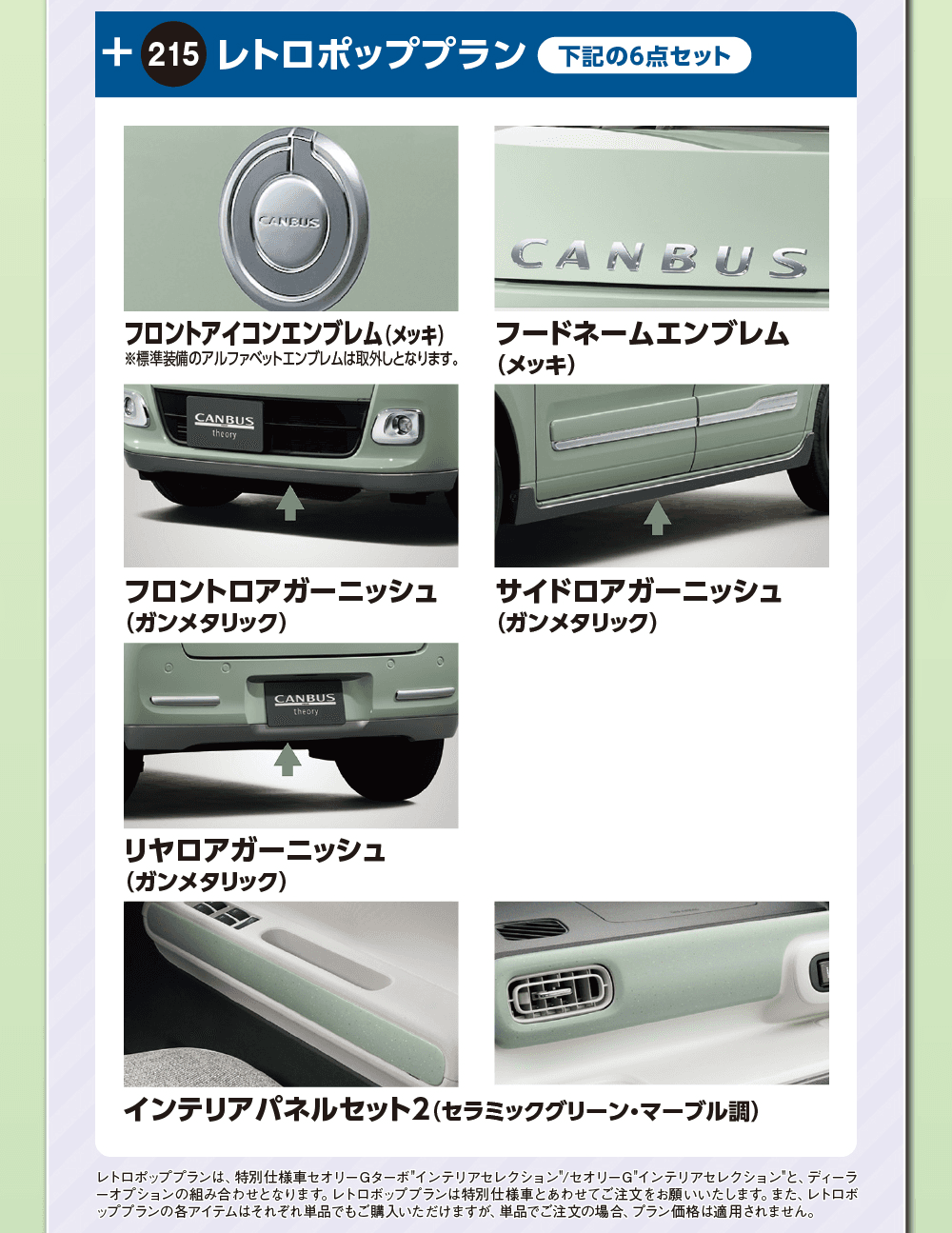 215 レトロポッププラン 下記の6点セット、フロントアイコンエンブレム（メッキ）※標準装備のアルファベットエンブレムは取外しとなります。、フードネームエンブレム（メッキ）、フロントロアガーニッシュ（ガンメタリック）、サイドロアガーニッシュ（ガンメタリック）、リヤロアガーニッシュ（ガンメタリック）、インテリアパネルセット2（セラミックグリーン・マーブル調）、レトロポッププランは、特別仕様車セオリーGターボ“インテリアセレクション”／セオリーG“インテリアセレクション”と、ディーラーオプションの組み合わせとなります。レトロポッププランは特別仕様車とあわせてご注文をお願いいたします。また、レトロポッププランの各アイテムはそれぞれ単品でもご購入いただけますが、単品でご注文の場合、プラン価格は適用されません。