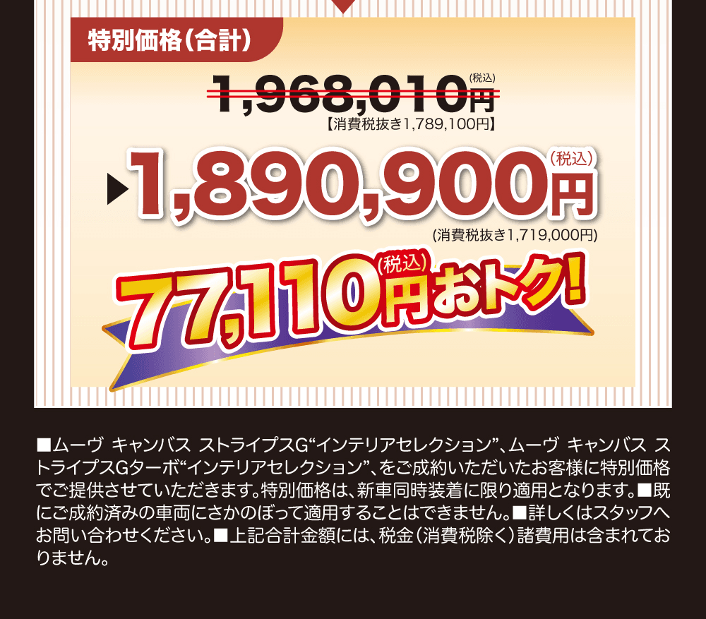 特別価格（合計）1,968,010円（税込）（消費税抜き1,789,100円）が1,890,900円（税込）（消費税抜き1,719,000円）、77,110円（税込）おトク！