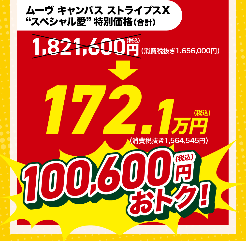 通常合計価格:1,821,600円(税込)「スペシャル愛」特別価格:172.1万円(税込)合計で 100,600円(税込)おトク!