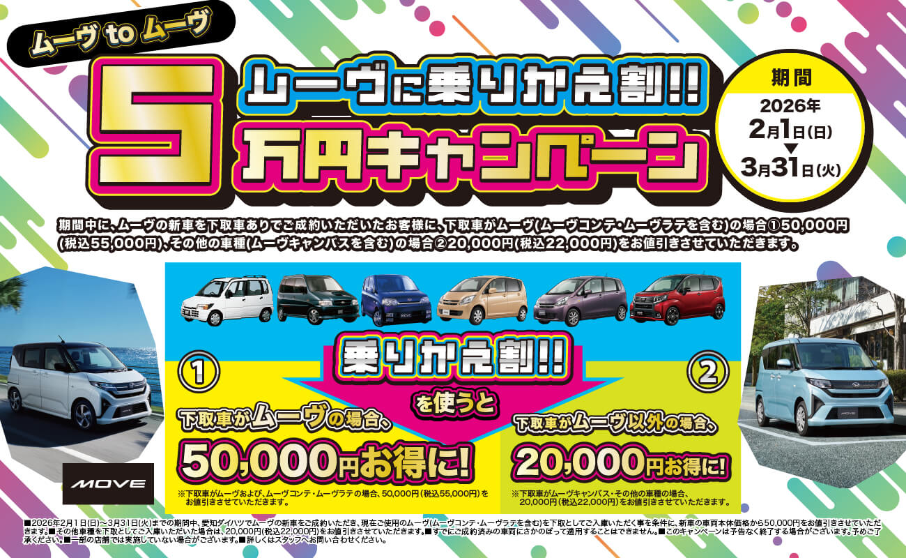 ダイハツ ムーヴ 乗りかえ定割キャンペーン告知。ムーヴからムーヴへの乗り換えで5万円キャッシュバック。2026年2月1日から3月31日まで実施。下取車がムーヴの場合は税込55,000円、他車種下取りの場合は税込22,000円値引き。歴代ダイハツ ムーヴの車両一覧画像。