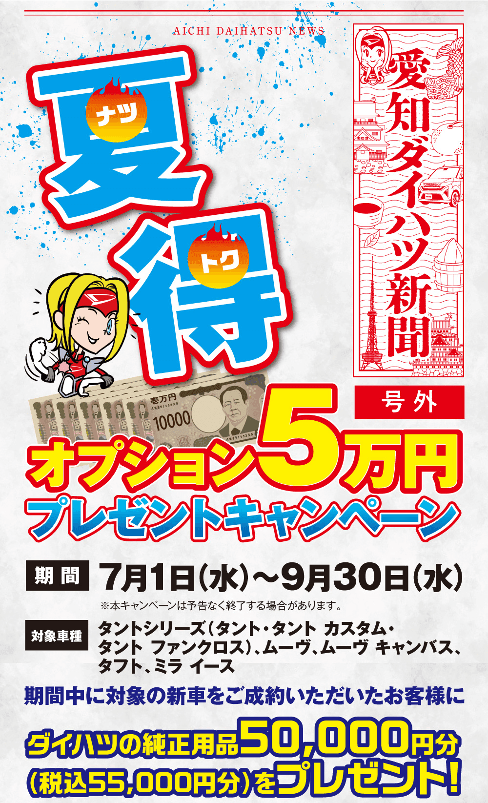 夏得、愛知ダイハツ新聞 号外、オプション5万円プレゼントキャンペーン、期間 7月1日(水)〜9月30日(水)、対象車種 タントシリーズ(タント・タント カスタム・タント ファンクロス)、ムーヴ・ムーヴ キャンバス、タフト、ミラ イース、期間中に対象の新車をご成約いただいたお客様に、ダイハツの純正用品50,000円分(税込55,000円分)をプレゼント!