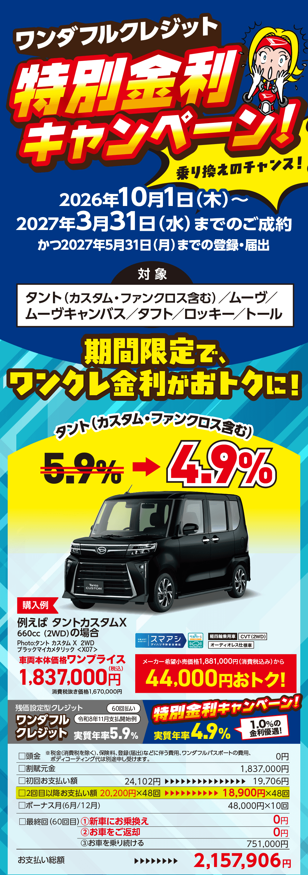ハイゼットトラック、お得!、純正ラバーマット＋純正ロングバイザー プレゼントキャンペーン、期間 10月1日[木]▶12月27日[日]まで、※2027年1月31日(日)までの登録(届出)が必要です。、Photo:ハイゼットトラック スタンダード 2WD CVT ボディカラーはホワイト<W19>
