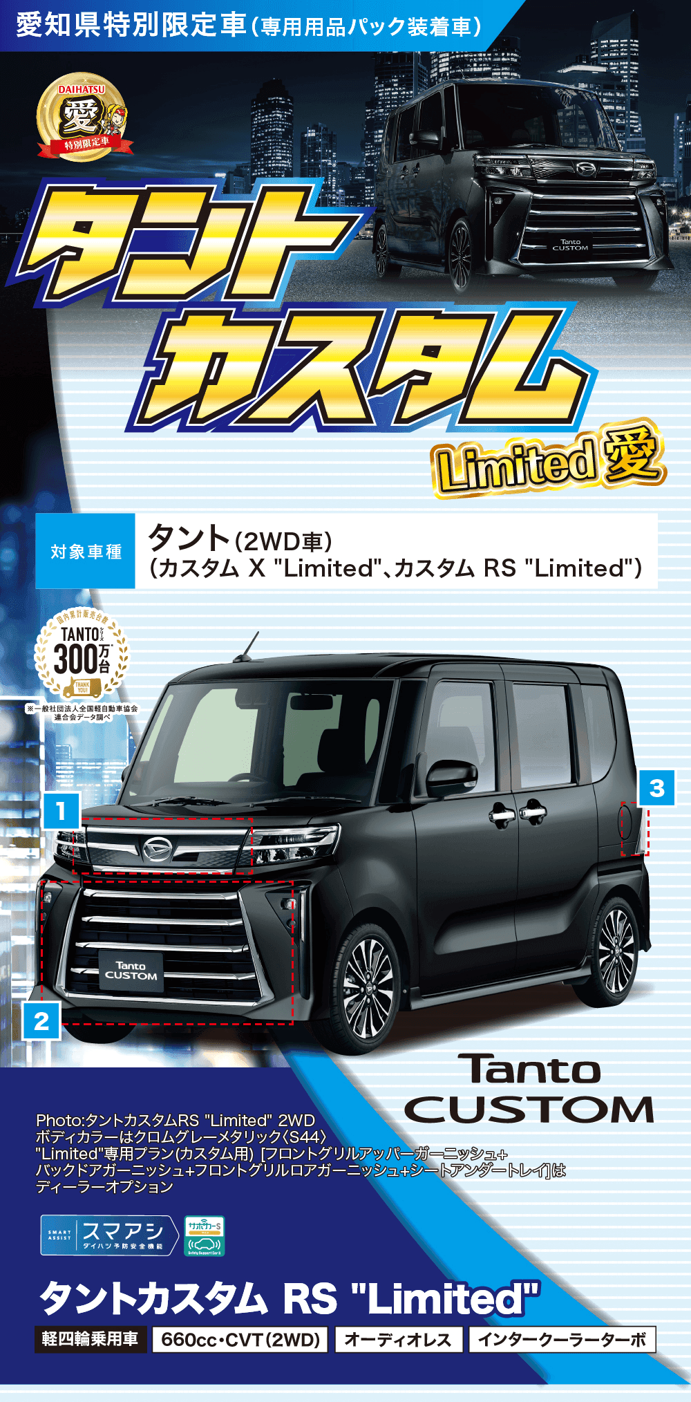 愛知県特別限定車（専用用品パック装着車）タントカスタム Limited 愛、対象車種 タント（2WD車）カスタム X Limited、カスタム RS Limited、タントカスタム RS Limited、スマアシ、軽四輪乗用車 660cc・CVT（2WD）、オーディオレス、インタークーラーターボ