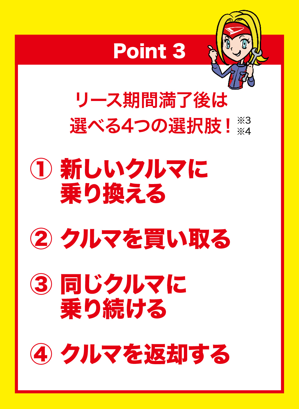 Point 3 リース期間満了後は選べる4つの選択肢! 1 新しいクルマに乗り換える 2 クルマを買い取る 3 同じクルマに乗り続ける 4 クルマを返却する