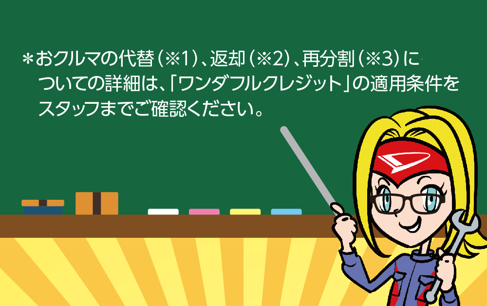 *おクルマの代替(※1)、返却(※2)、再分割(※3)についての詳細は、 「ワンダフルクレジット」の適用条件をスタッフまでご確認ください。